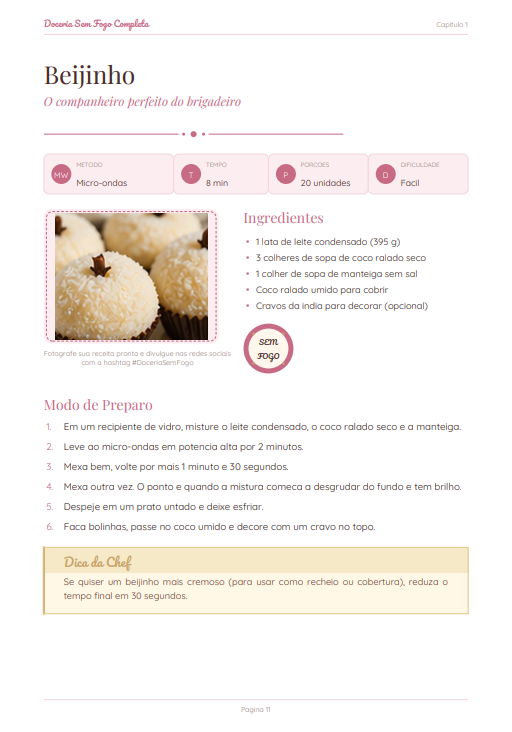 Página interna da receita Beijinho no ebook Doceria Sem Fogo Completa