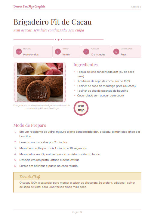 Página interna da receita Brigadeiro Fit de Cacau no ebook